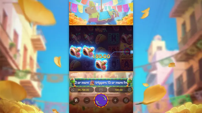 Pinata Wins control interface with spin, bet and balance displays.