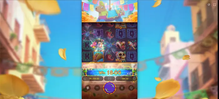 Pinata Wins game grid showing a winning combination and bet display.